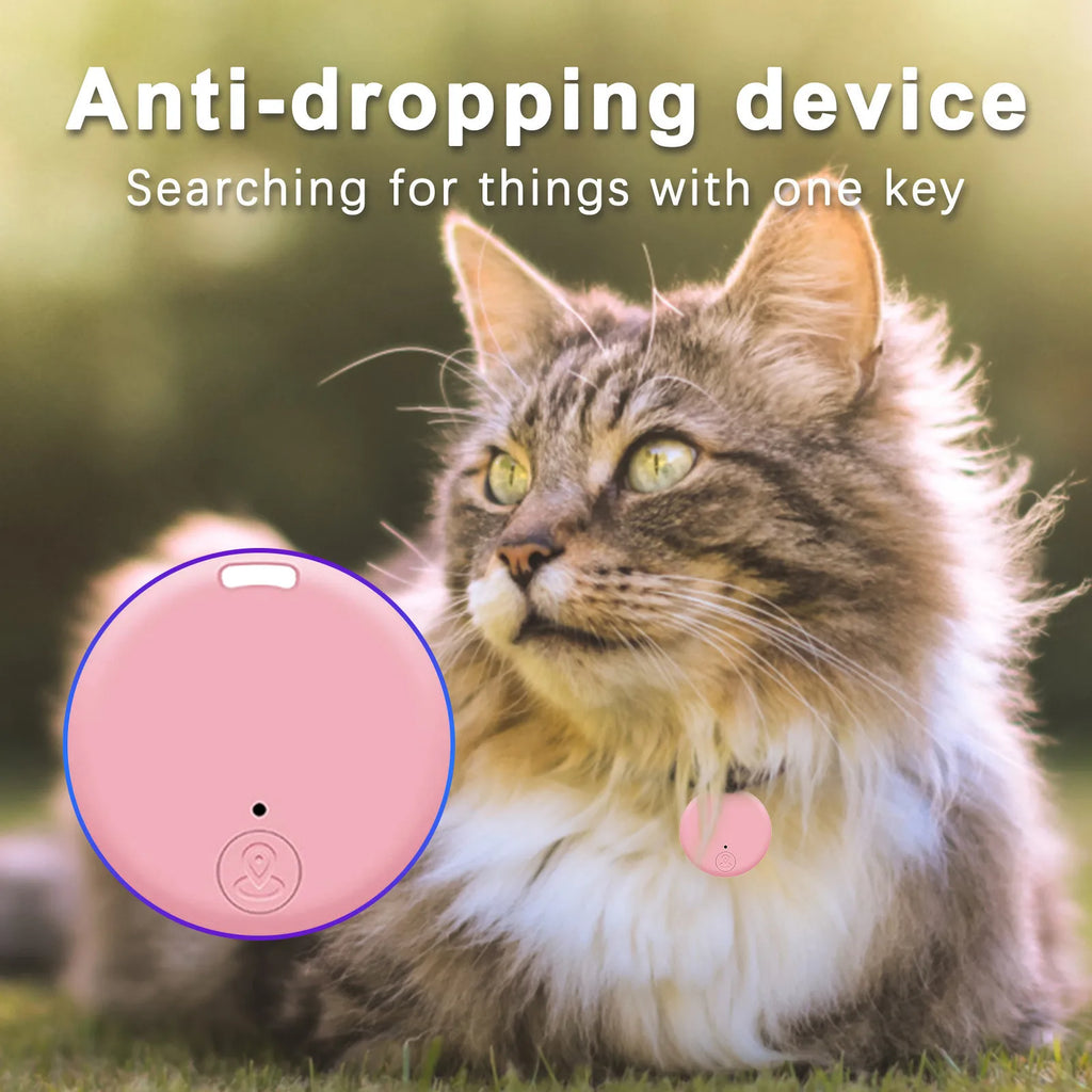 Pink round Bluetooth anti-lost tracker tag on a pet collar