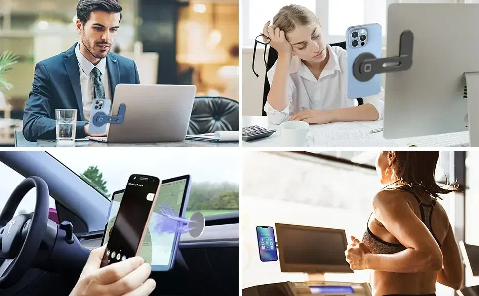 Magnetic phone holder used at a desk, on a car dashboard, and while seated