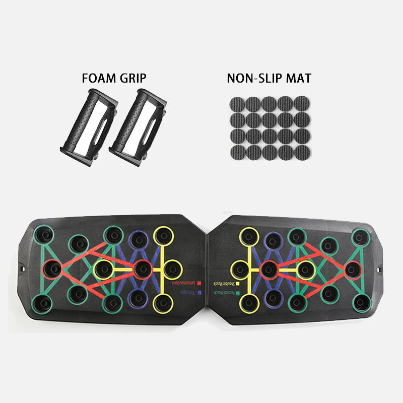 Foldable push-up board set accessories: foam grip handles and non-slip mat