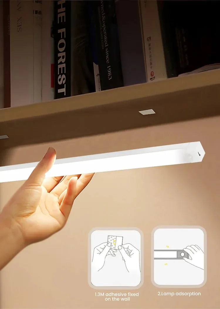 White LED motion sensor night light bar with adhesive strip and control icons