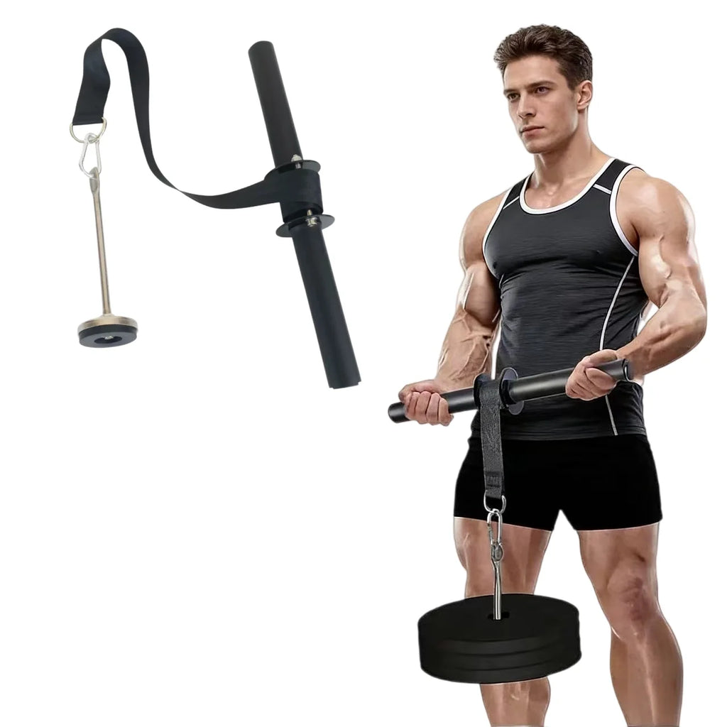 Forearm trainer rope with black wrist strap, foam handle, and stack weight plate
