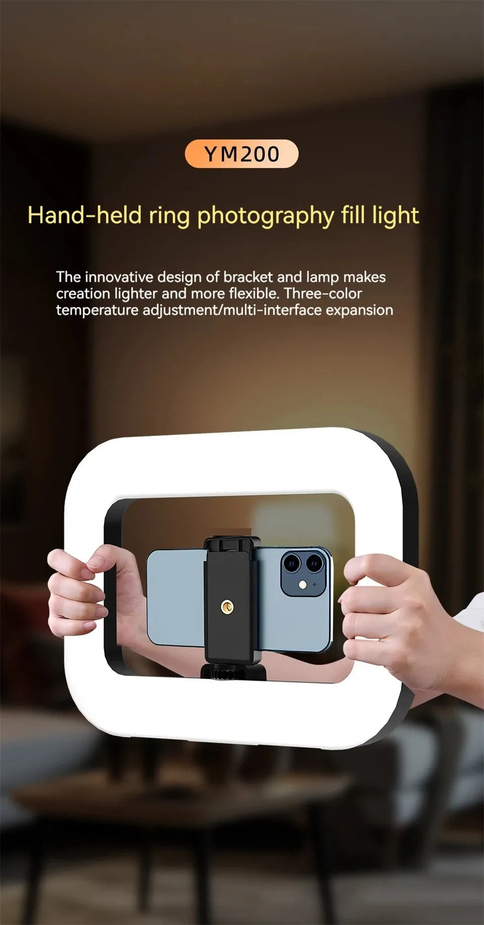 Hand-held ring LED fill light with white ring frame and phone bracket clamp