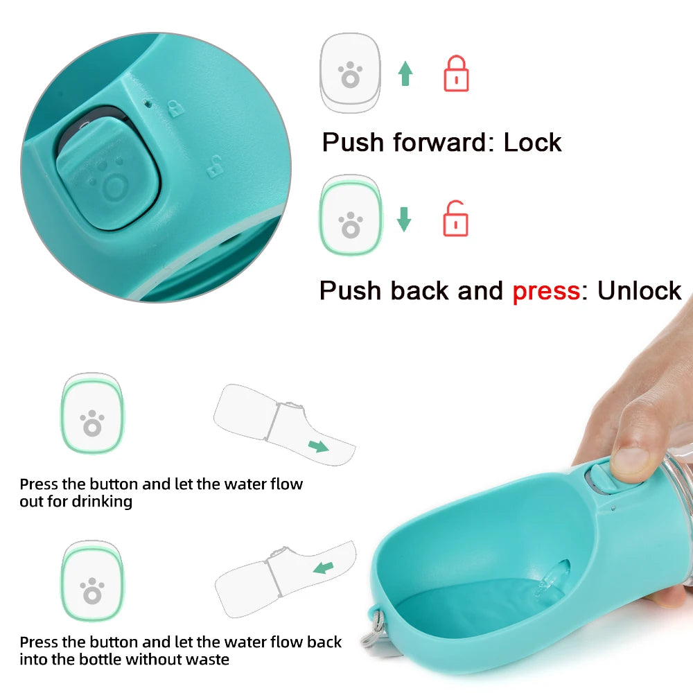 Teal portable pet water bottle with push button spout for controlled water flow