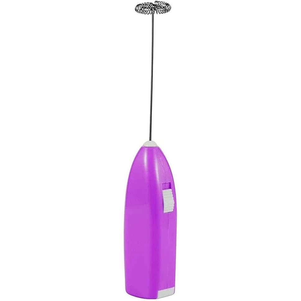Battery powered mini milk frother with whisk beater, purple body