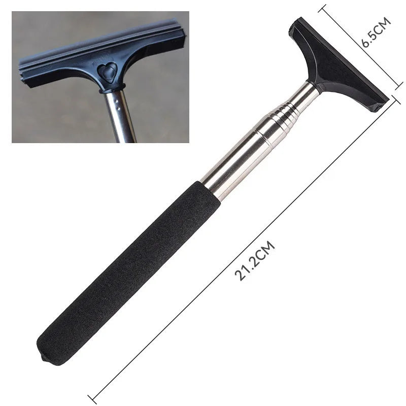 Car mirror cleaning wiper tool with black foam grip and metallic telescopic handle