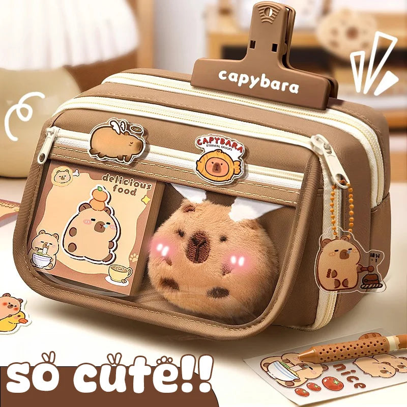Capybara pencil pouch, beige and brown fabric case with zipper and cute animal patches