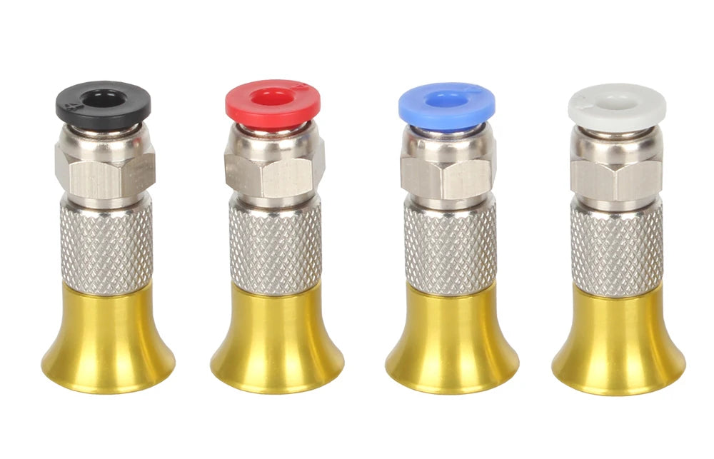 Brass pneumatic connectors with mesh grips and colored push caps for PTFE tube kit