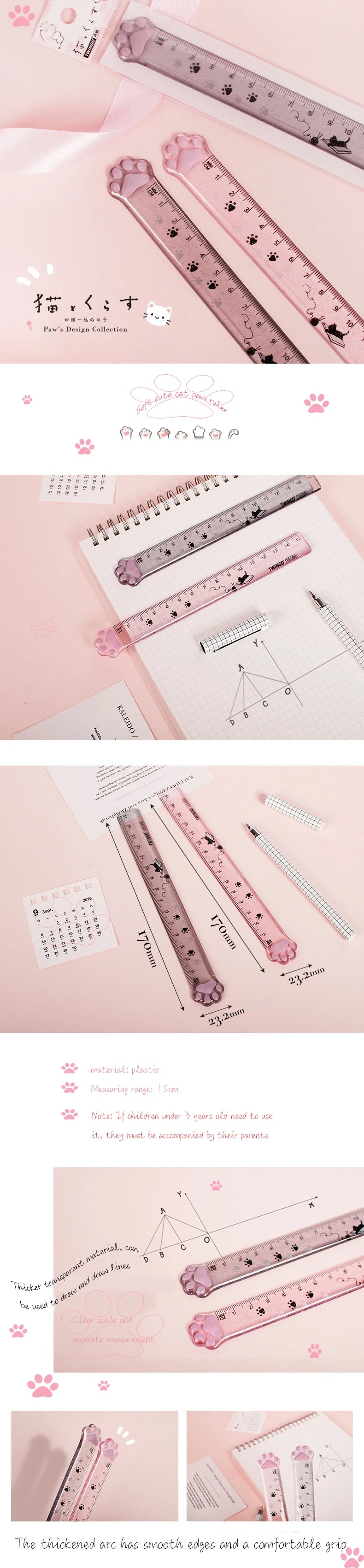Pink cat paw plastic straight ruler set with close-up showing the scale design