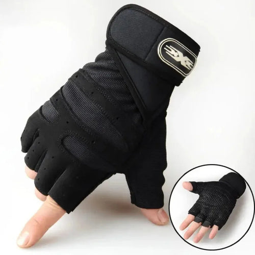 Black gym training gloves with wrist strap and logo patch; padded grip fingers.