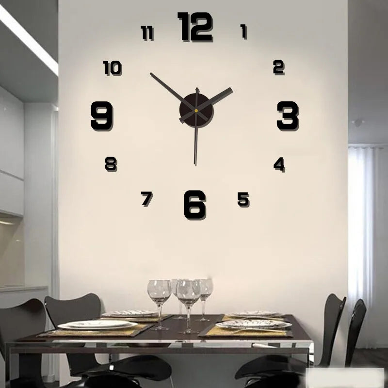 DIY wall clock sticker with black round face, black hands and red second hand, numbers 1–12.