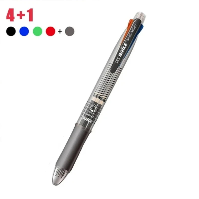 5-in-1 multicolor pen with automatic pencil and eraser, dark gray barrel