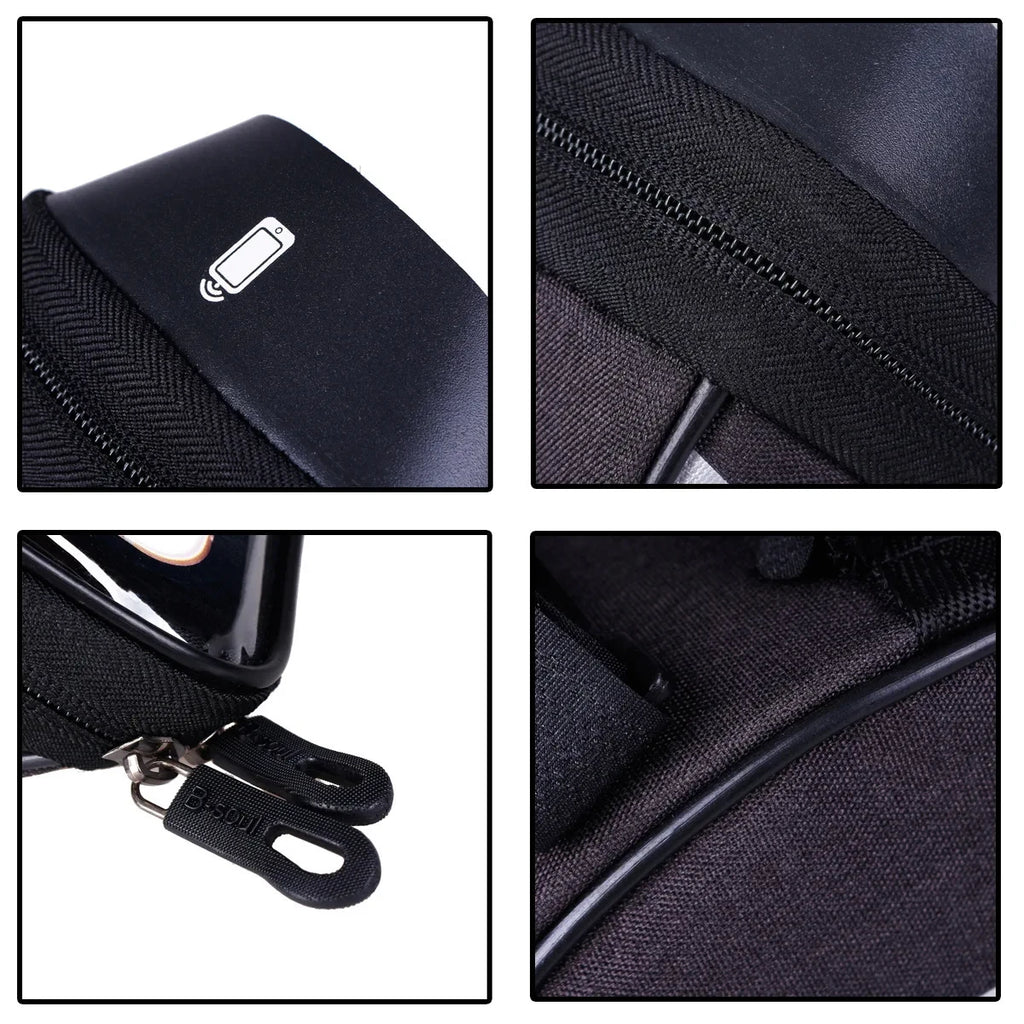 Black polyester phone pouch details: zipper pull, mounting hook, and fabric texture