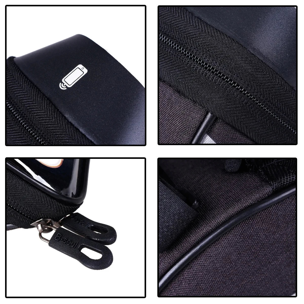Black polyester phone pouch details: zipper pull, mounting hook, and fabric texture
