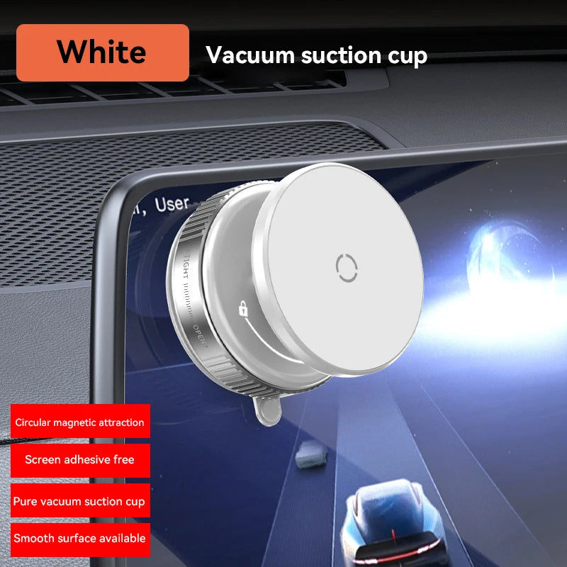 White magnetic phone holder with vacuum suction cup and swiveling mount arm