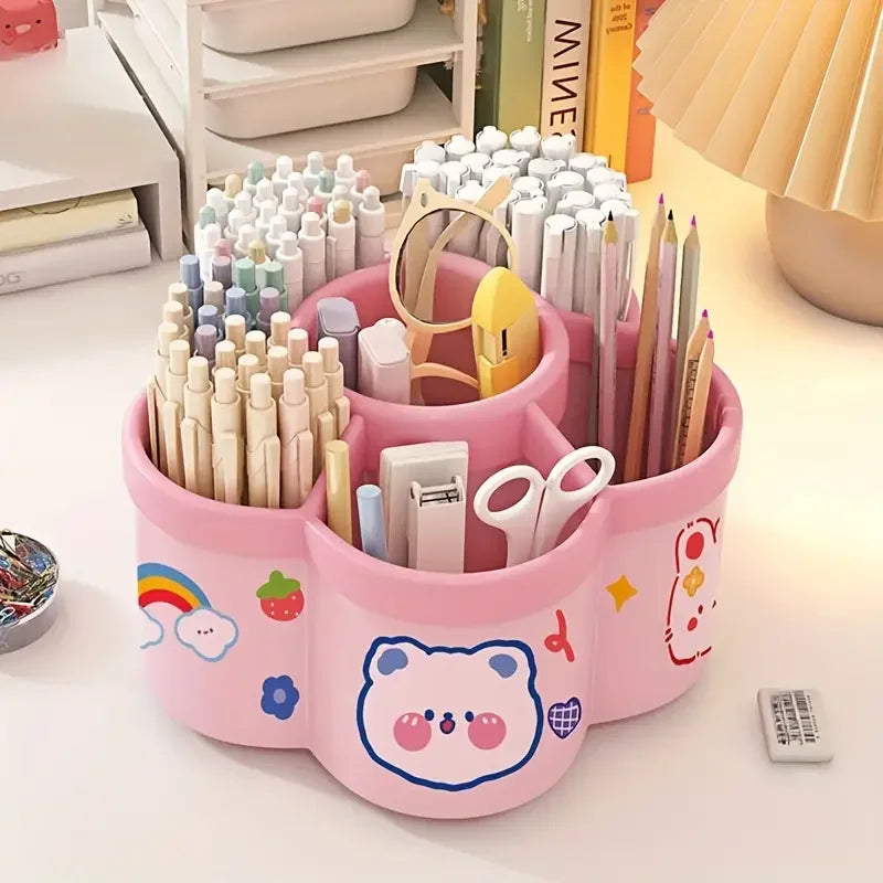 Pink pen holder organizer with bear face print, holds pencils, markers, and scissors