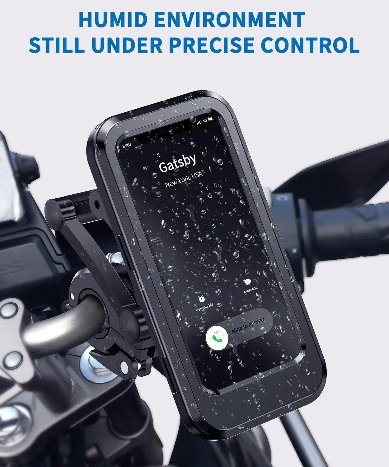 Black waterproof motorcycle phone holder with smartphone protected in raindrops