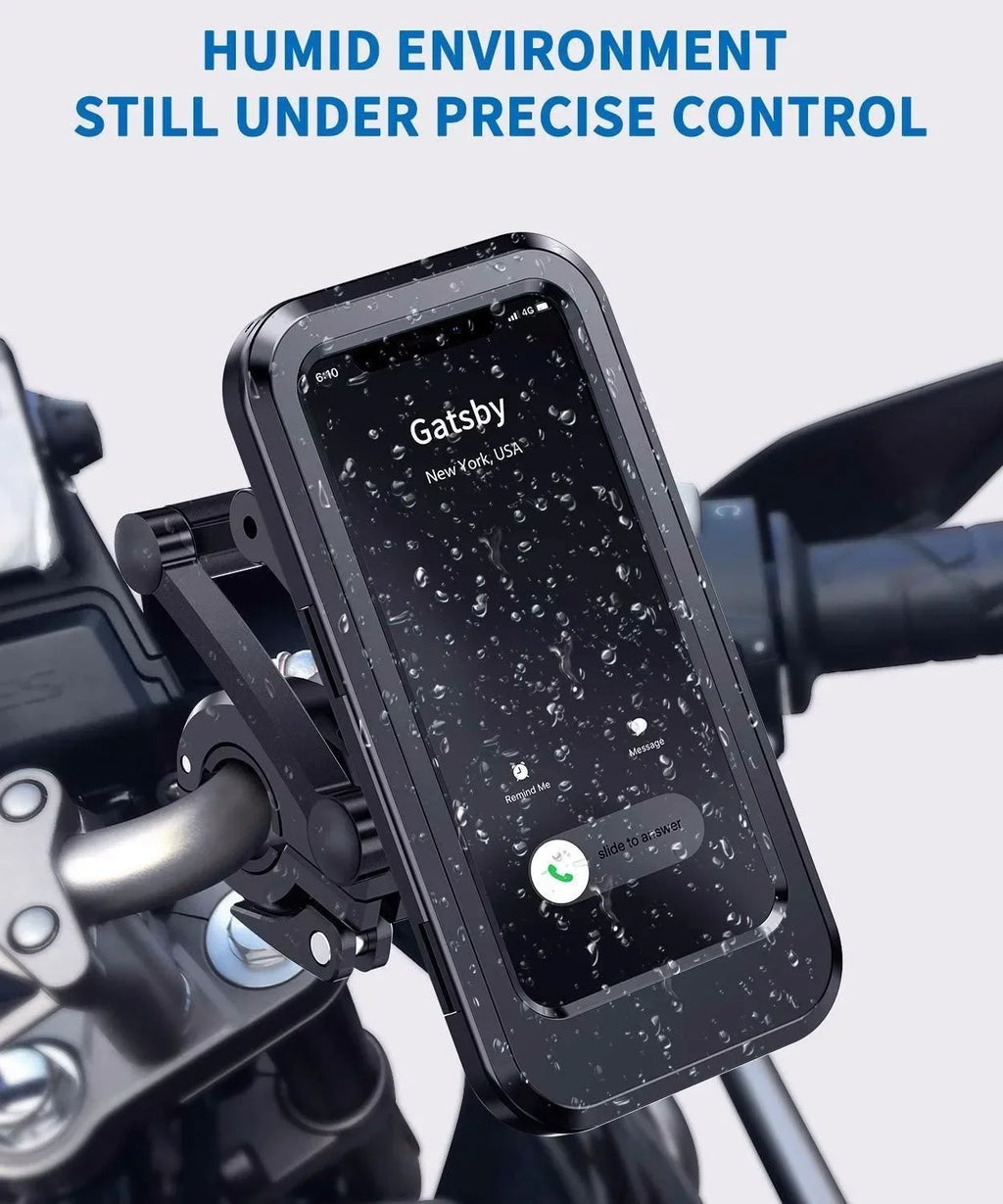 Black waterproof phone holder on bike handlebar with raindrop-covered smartphone screen