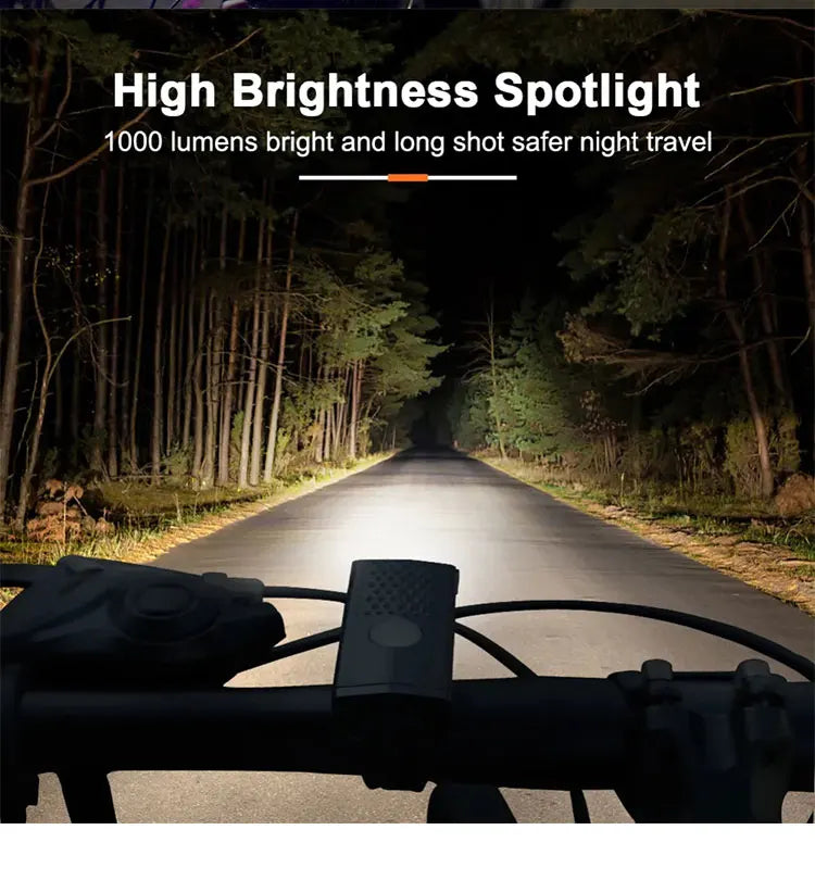 USB rechargeable bike spotlight headlight with wide beam and black handlebar mount