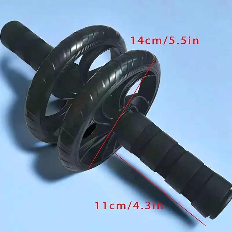Black dual-wheel abdominal roller with measurement marks on wheels and handle