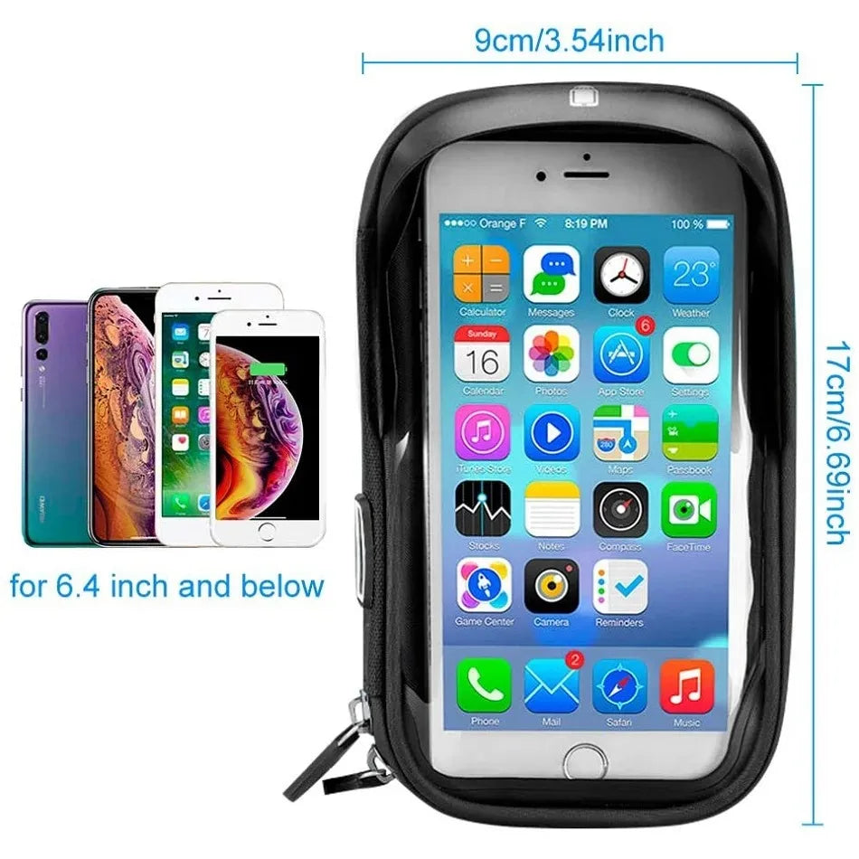 Black waterproof phone handlebar bag with clear touchscreen cover and zip closure