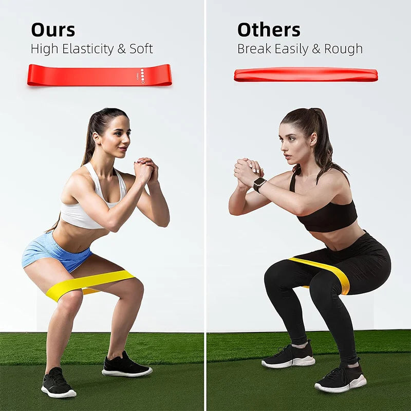 Resistance loop bands shown on legs: red band and yellow band