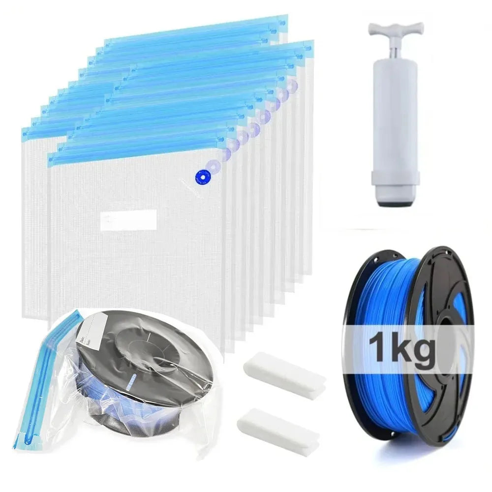 Filament vacuum storage bags with manual pump and 1kg blue filament spool