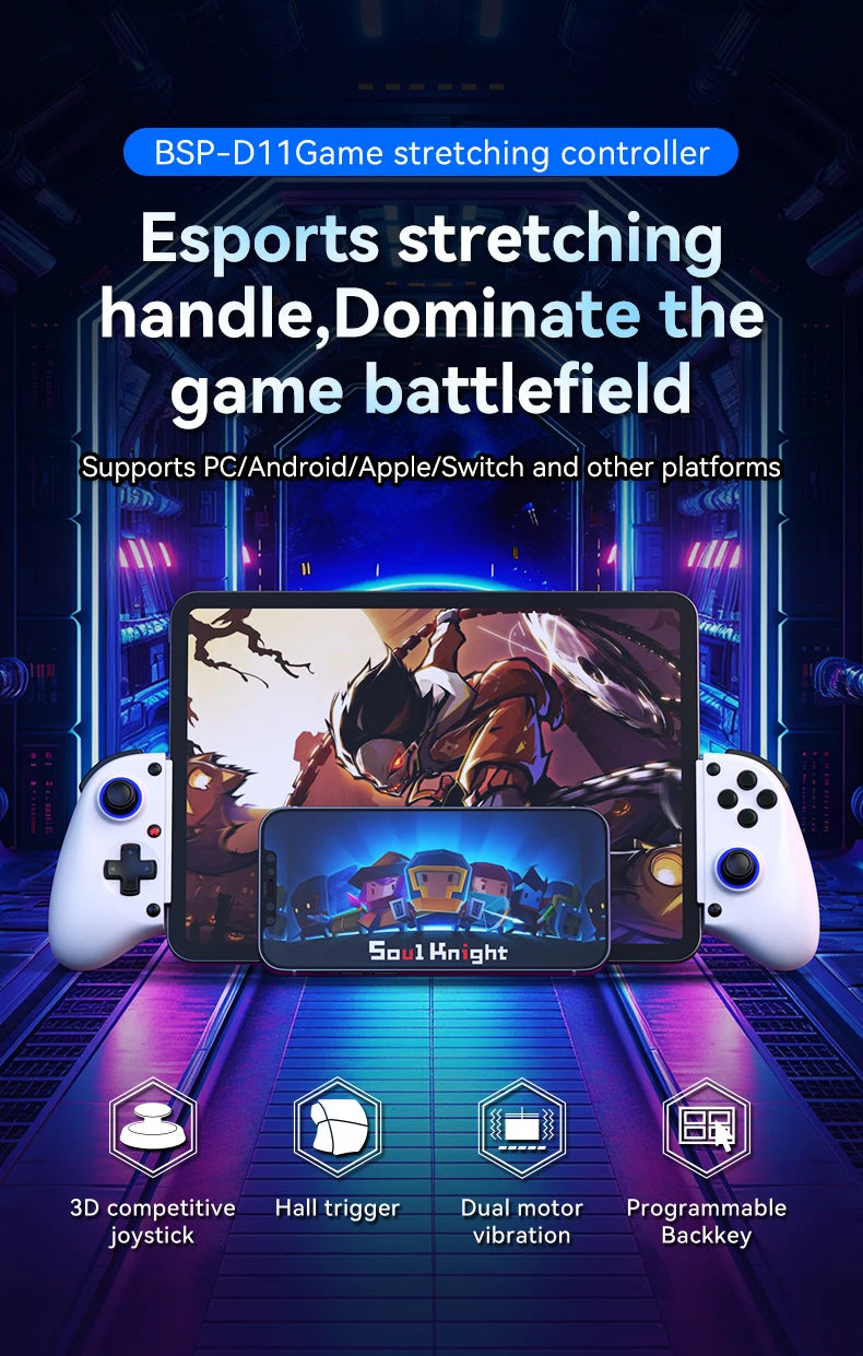 Wireless phone game controller with phone cradle, blue accent buttons, and feature icons