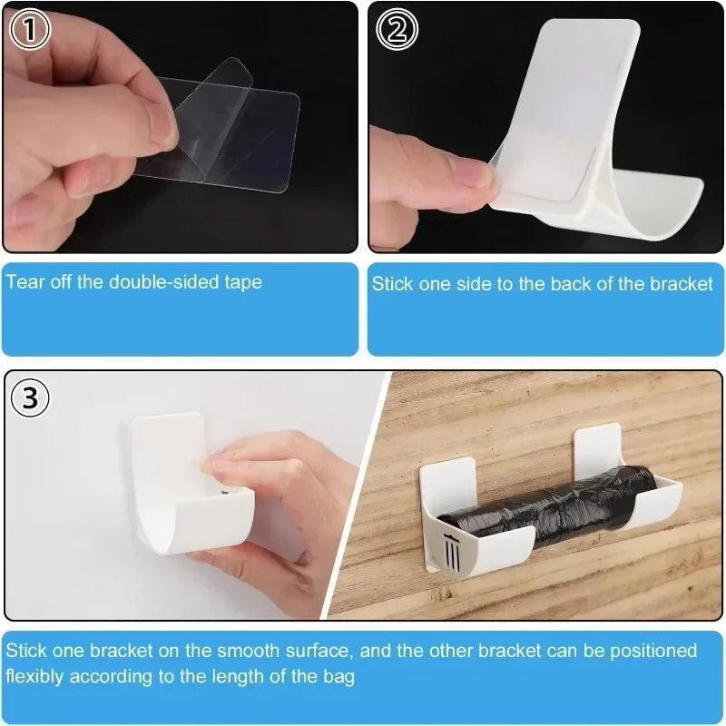 Self-adhesive trash bag holder installation steps, white plastic bracket and tape