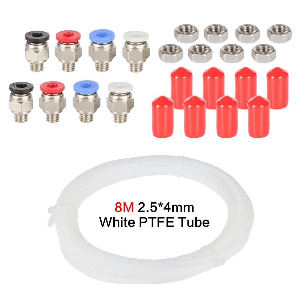 PTFE tube connector kit with mixed caps, hex nuts, and white PTFE tube coil