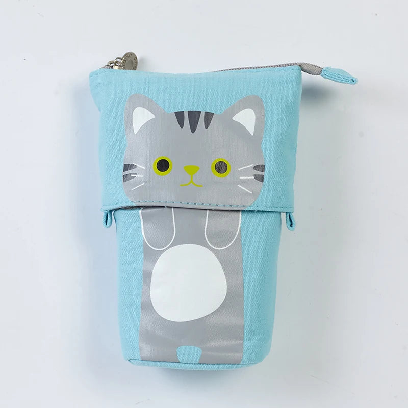 Light blue cat-face pencil case pouch with zipper, green eyes and white muzzle