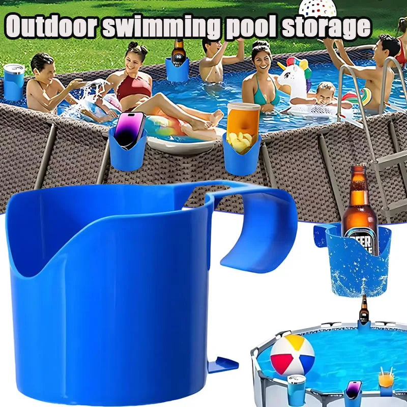 Blue plastic poolside storage rack with cup holders for drinks and sanitizers