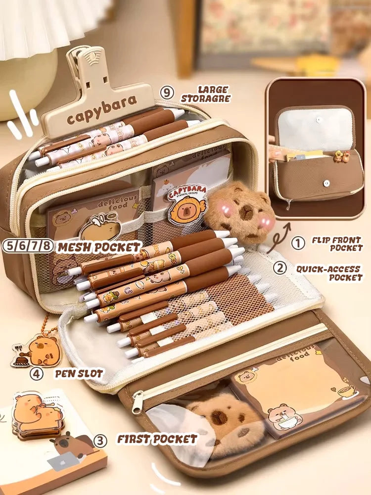 Capybara pencil case open with mesh pockets and pen slots, beige and brown fabric