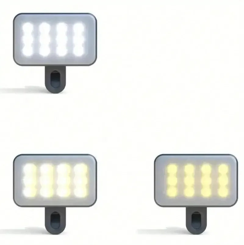Mini LED fill light clip showing different brightness modes