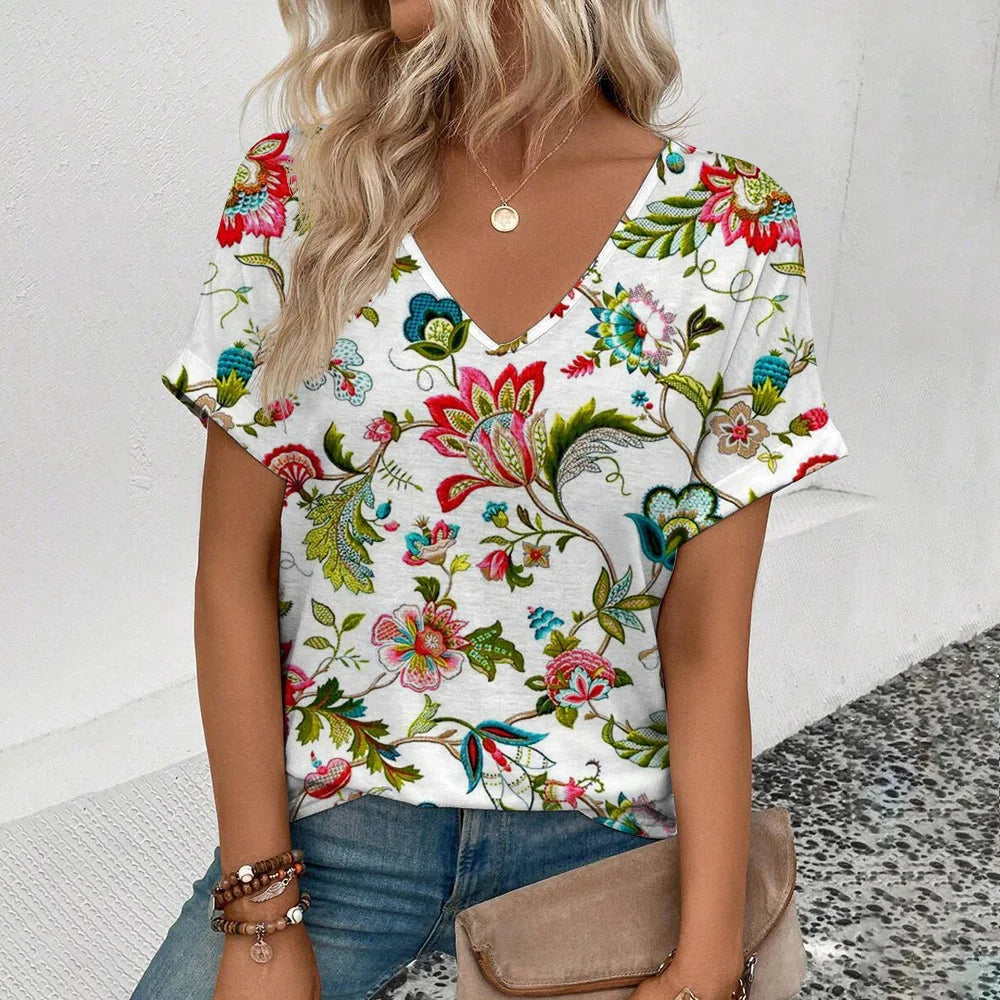 Women's plus-size V-neck t-shirt with short sleeves and wildflower vine print
