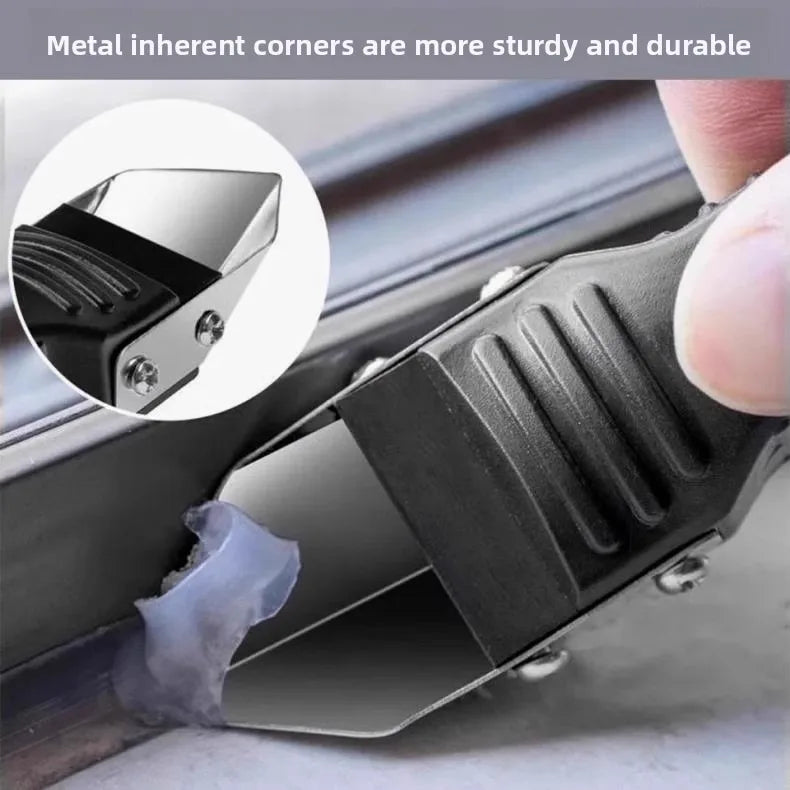 Squeegee scraper tool with black guard and metal corner blade, gripped by hand