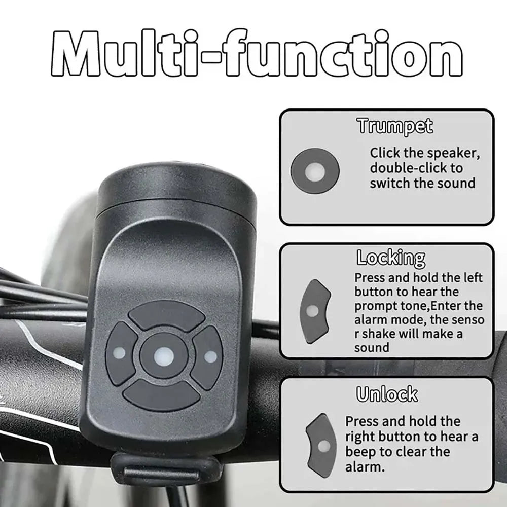 Black bicycle horn with multi-function control buttons on handlebar mount
