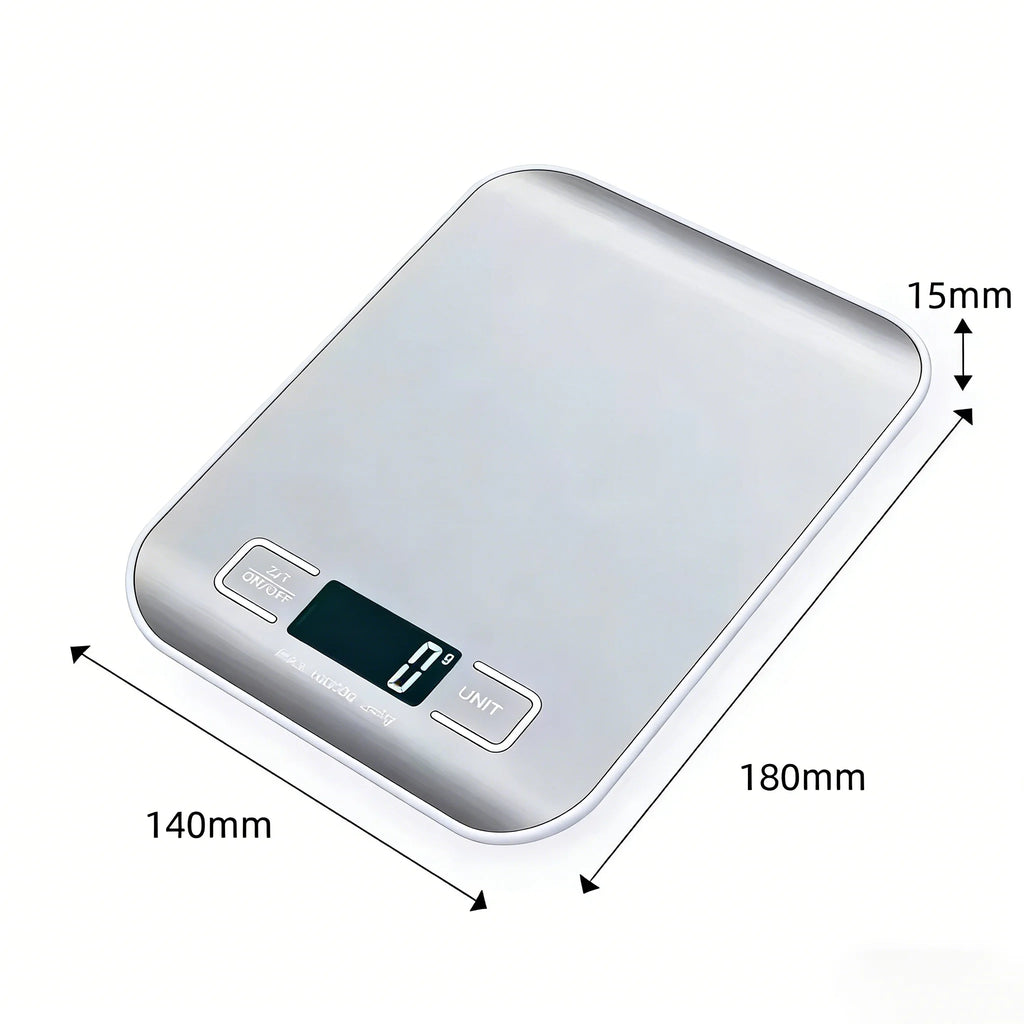 Digital kitchen scale front view with LED display and measurement dimension arrows