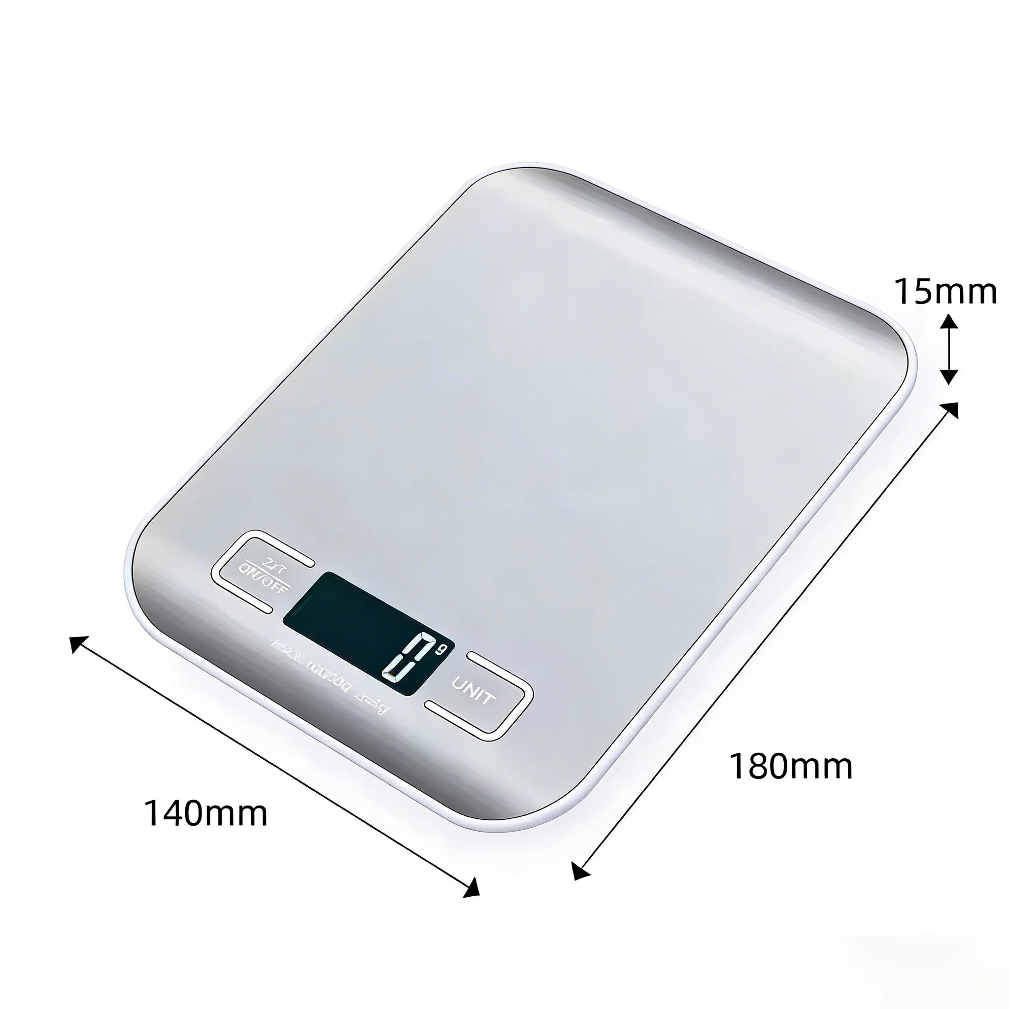 Digital kitchen scale front view with LED display and measurement dimension arrows