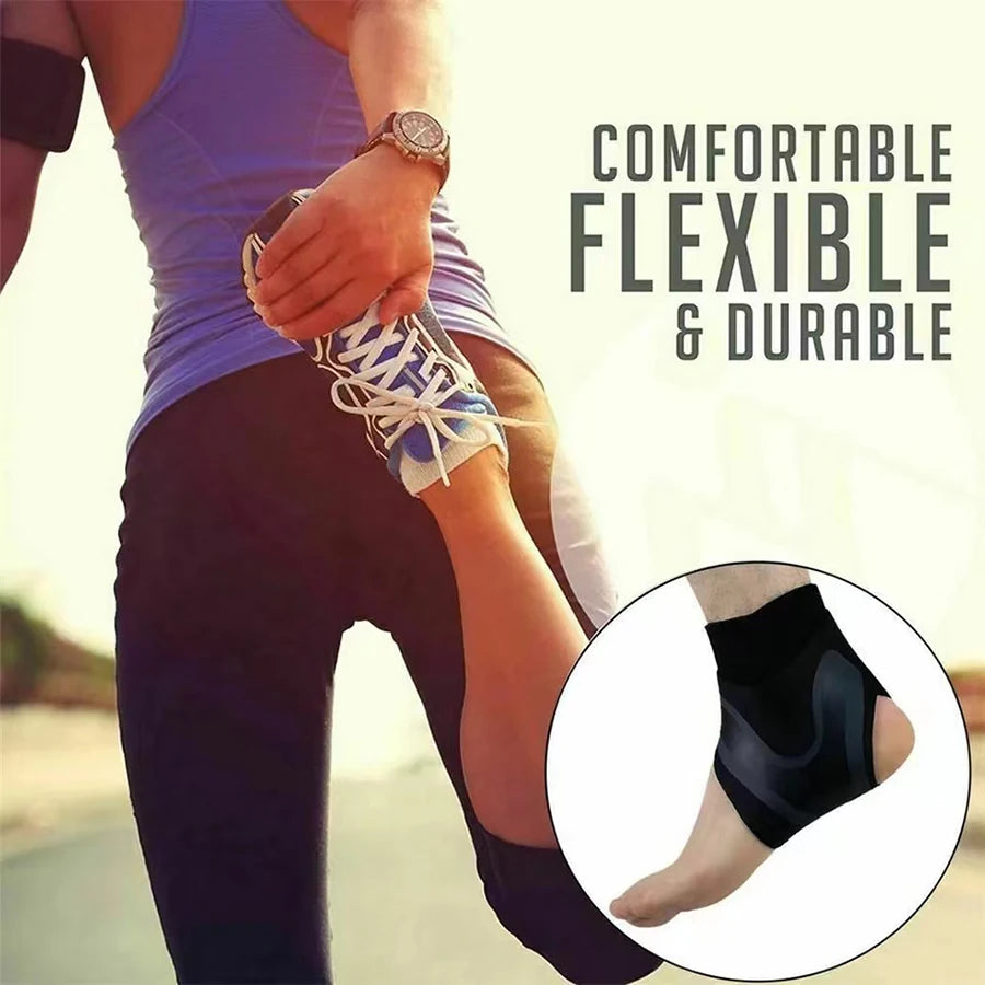 Black ankle brace compression sleeve on foot with close-up inset