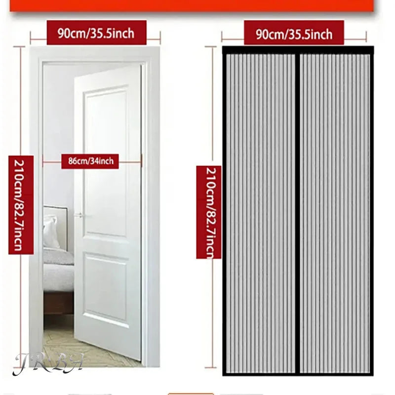 Black striped magnetic mesh door curtain with size measurement diagram
