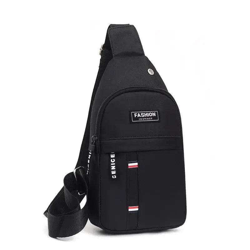 Black waterproof fanny pack with front logo patch, zip pocket, and adjustable shoulder strap