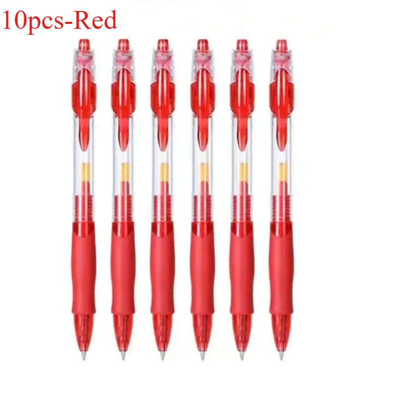 Retractable gel pen set with red pens, translucent top and red ink