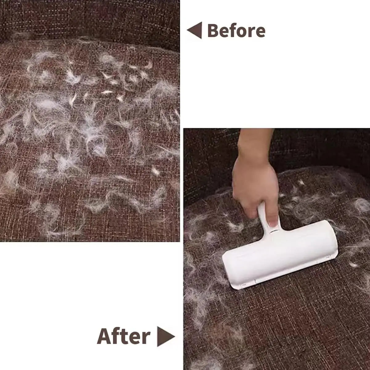 White pet hair remover roller lifting pet hair from dark fabric surface.