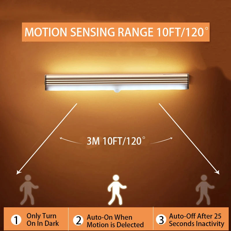 Motion-sensing LED night light bar with sensor range and auto-off indication