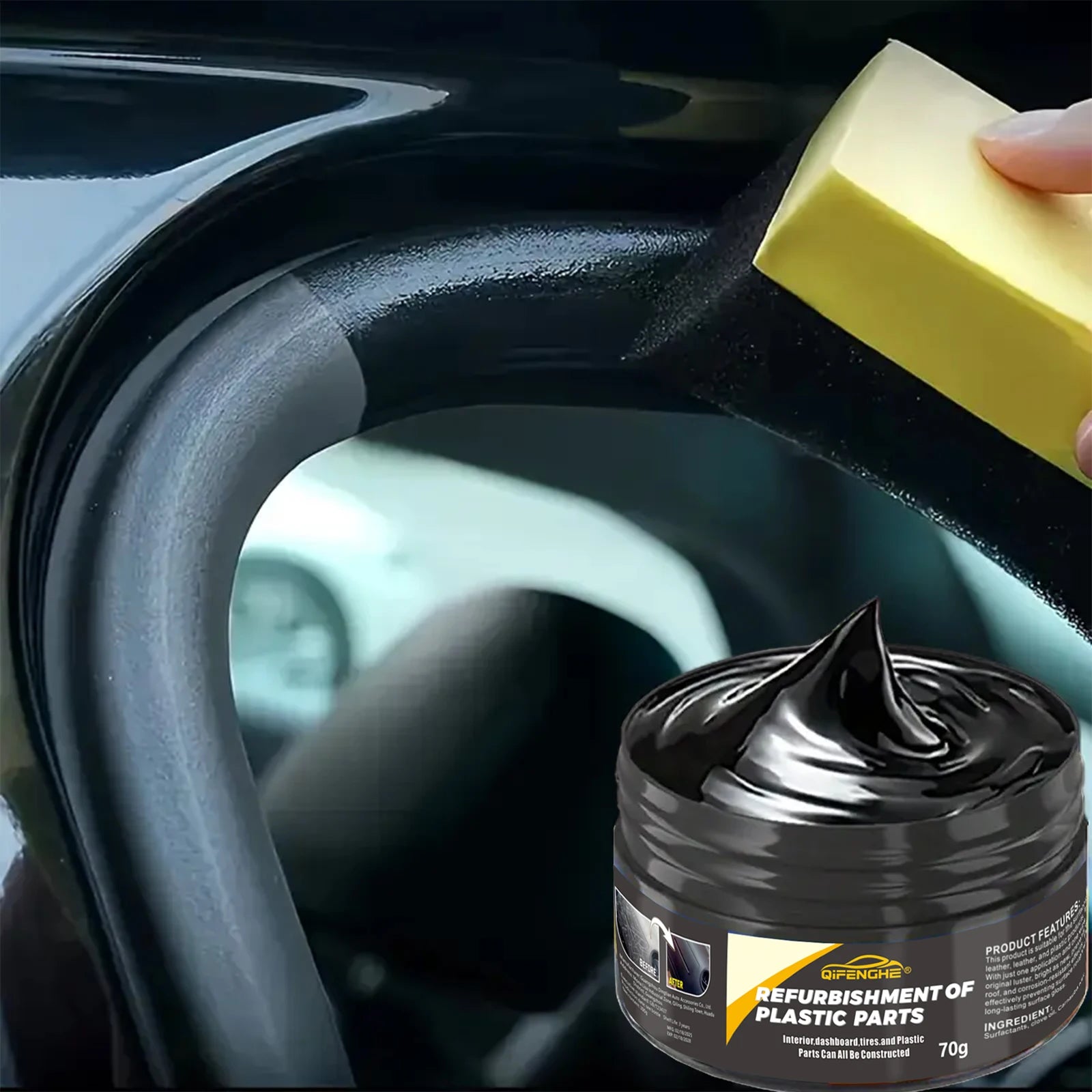 Plastic restorer cream jar and yellow foam pad on dark vehicle plastic trim