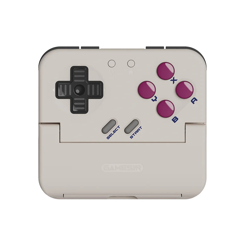 Front view of white handheld controller with purple ABXY buttons and D-pad