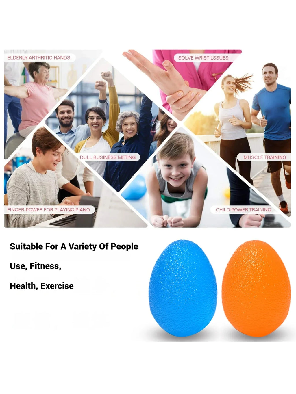 Two textured egg grip balls in blue and orange for finger strengthening.