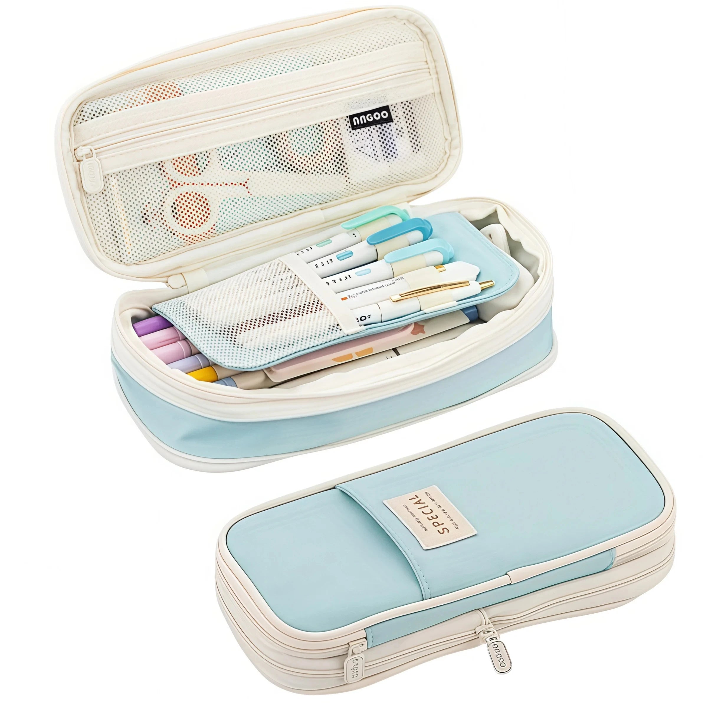 Sky blue large-capacity pencil case with mesh organizer panels and zip closure