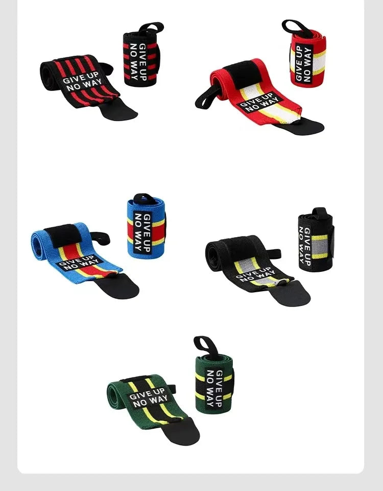 Wrist wrap styles in black, red, blue, and green with adjustable strap