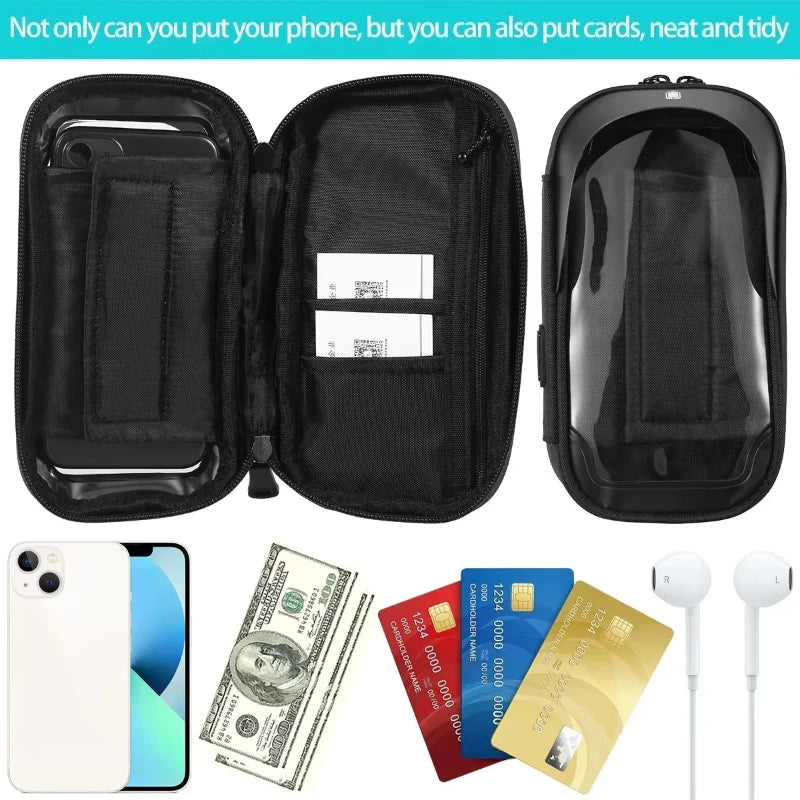 Black waterproof phone holder pouch open and closed, with zipper and card slots